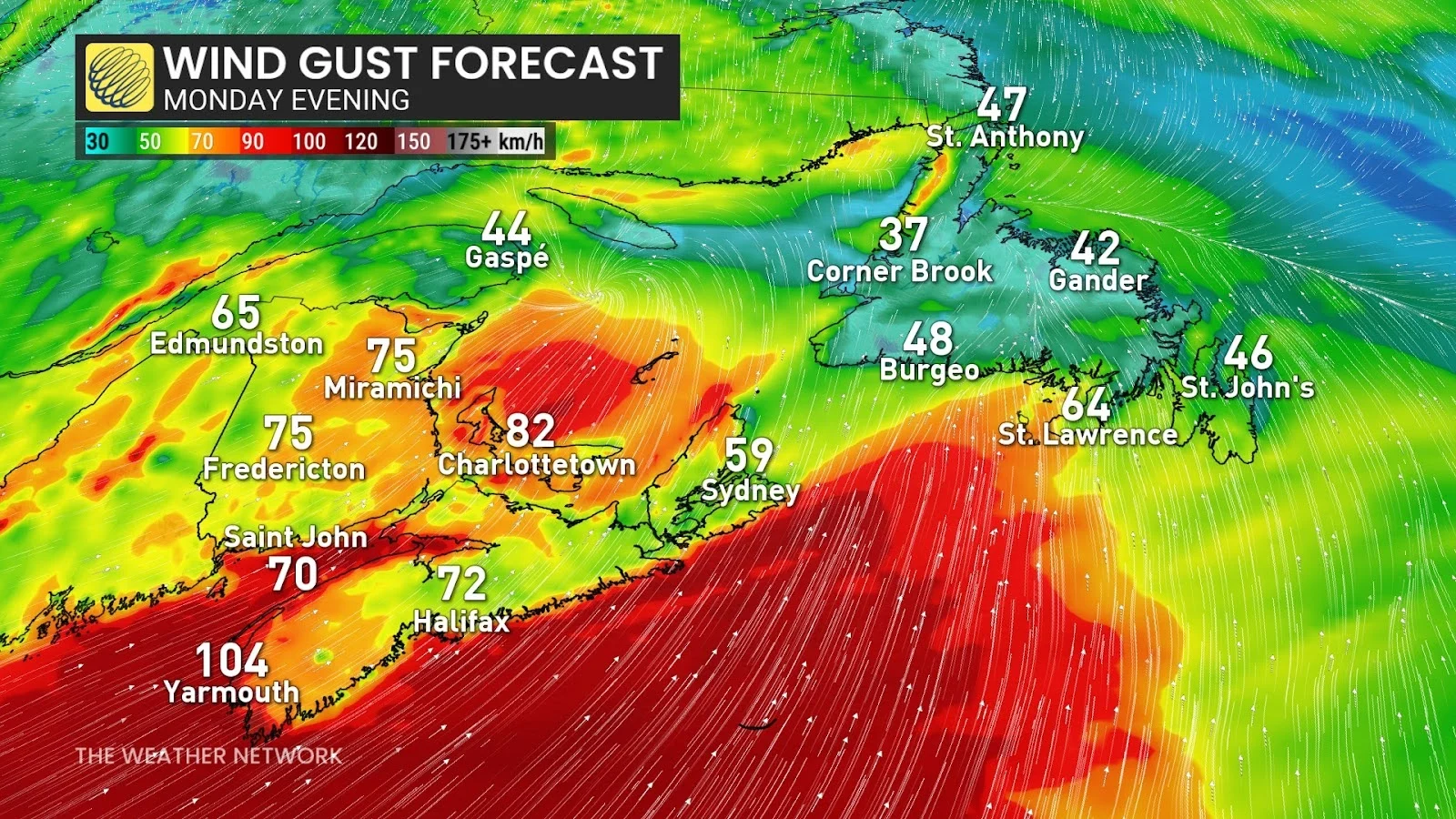 Atlantic Canada Monday night forecast wind gusts - Feb. 17, 2025