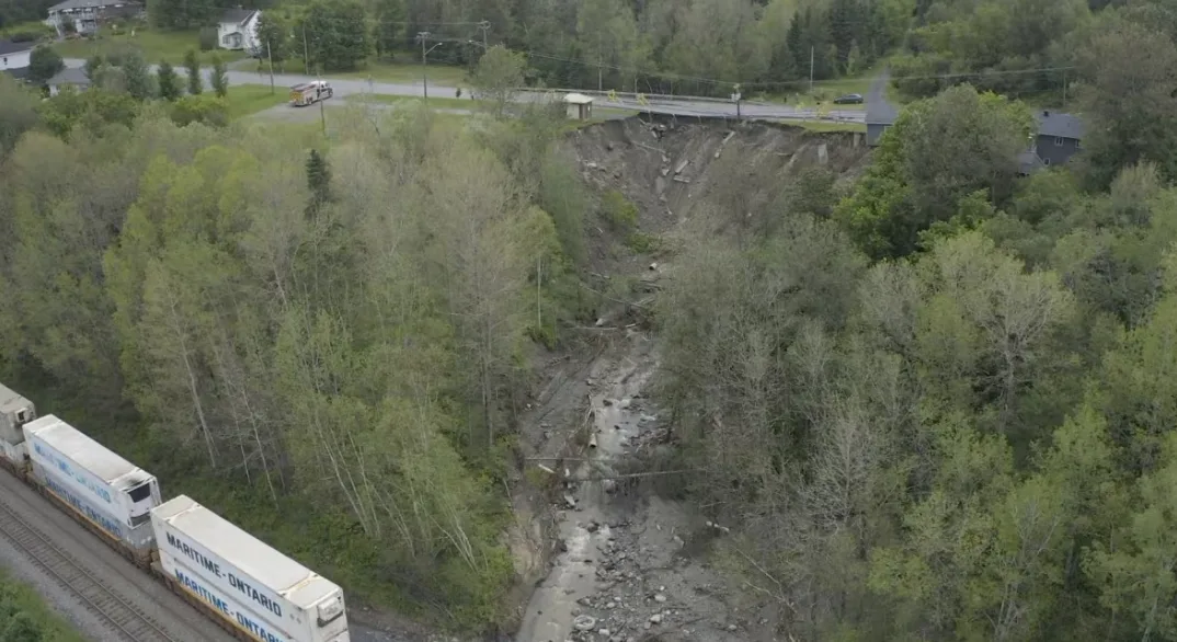 CBC: Flash flooding in Edmundston washed out part of Route 120 on June 29. (Shane Fowler/CBC)