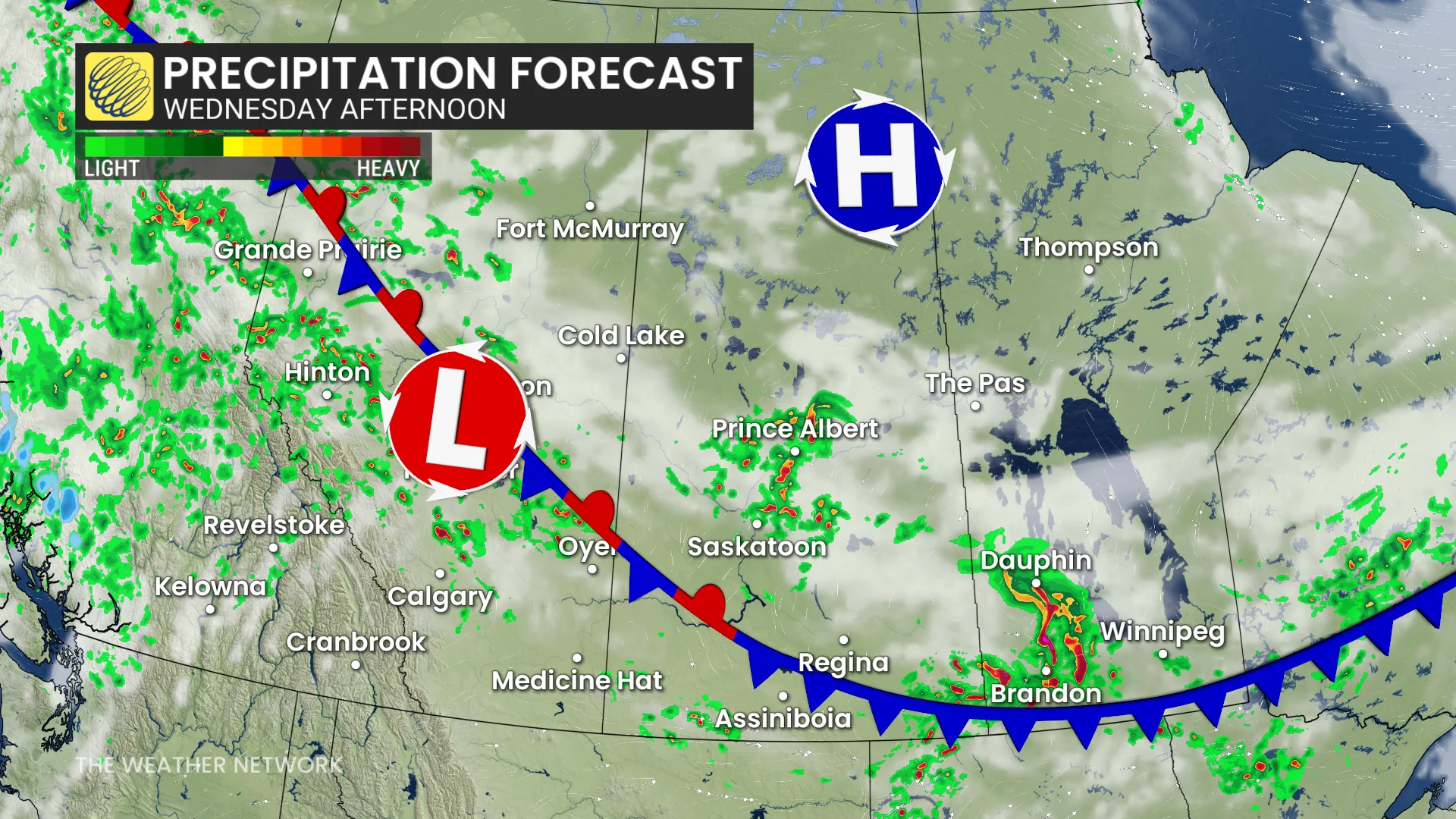 Precipitation timing Prairies Wednesday afternoon