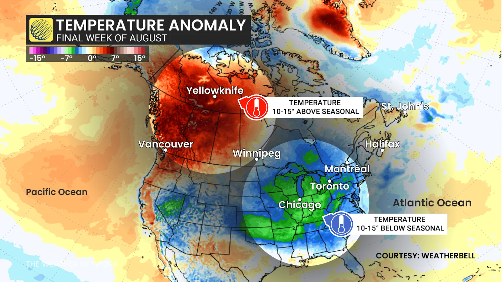 Canada/U.S. end of summer temperature anomaly - Aug. 25, 2025