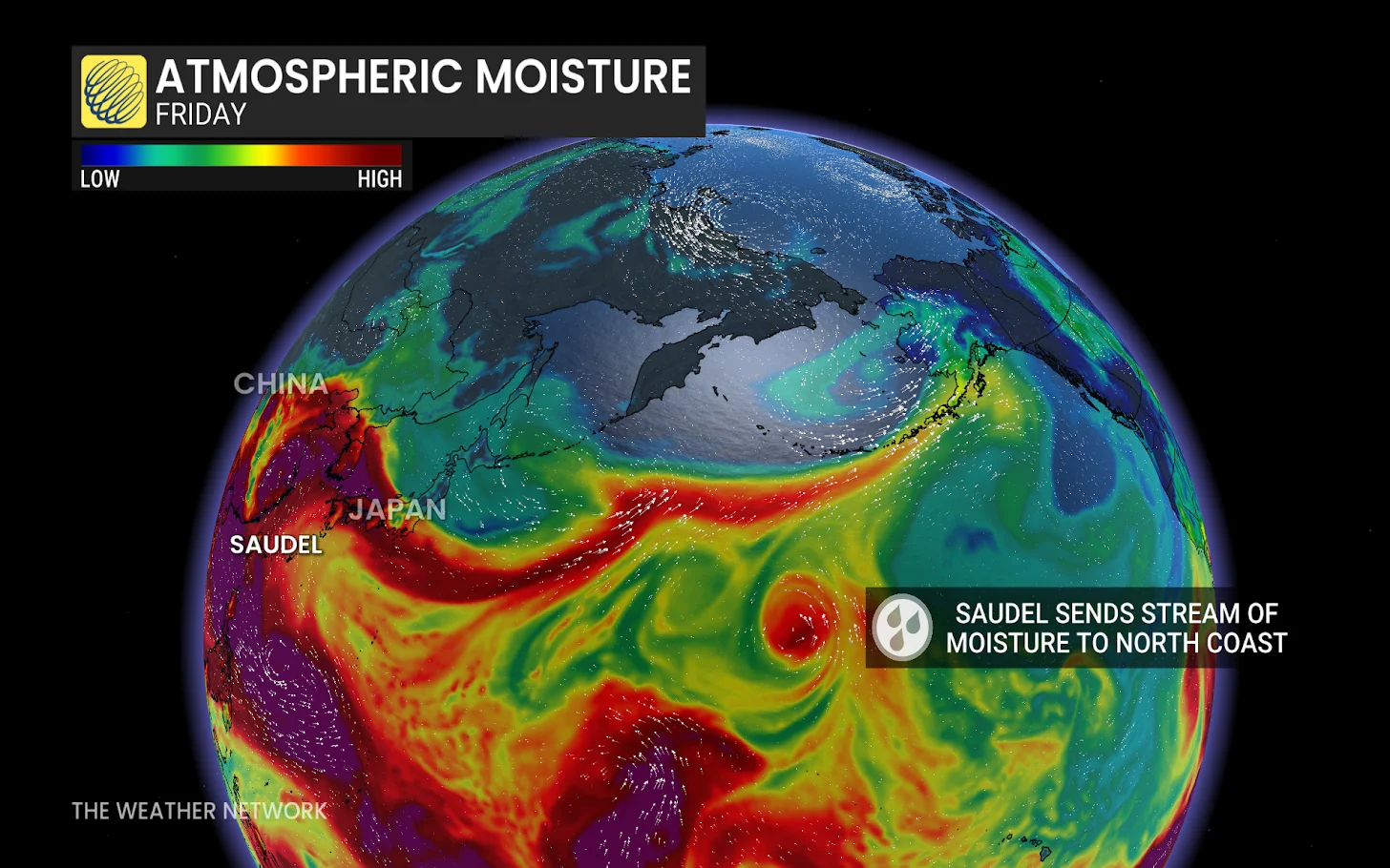 Pacific atmospheric moisture moving from China to British Columbia