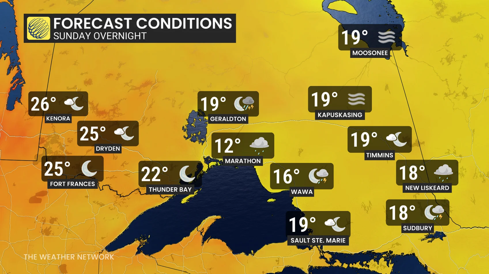 Northern Ontario Sunday night forecast temperatures and conditions - July 12, 2026