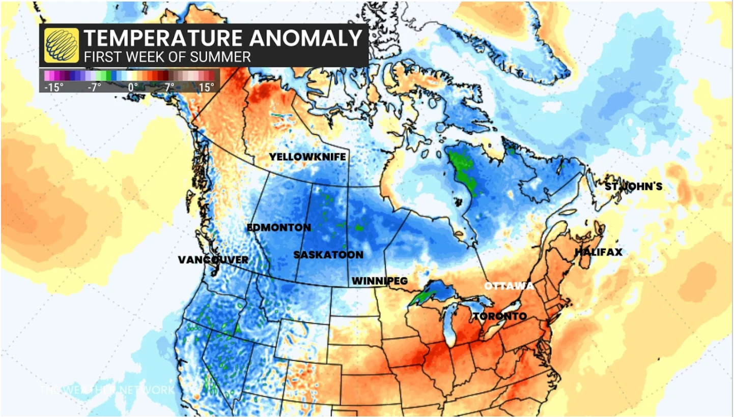 WeatherBell: Temperature anomaly for the first week of Summer 2025