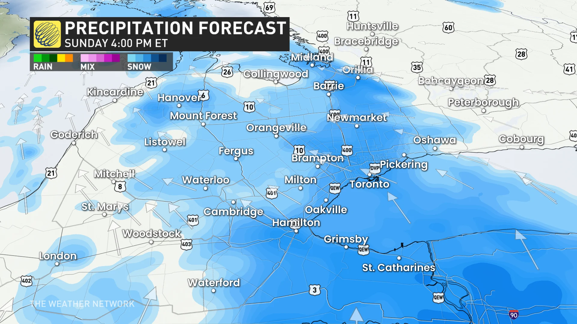 Ontario Sunday 4 p.m. precipitation forecast