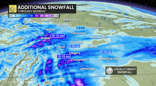 More difficult travel as snow continues to fall in parts of Alberta ...