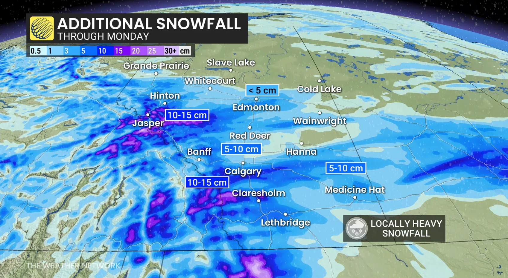 Alberta snowfall through Monday