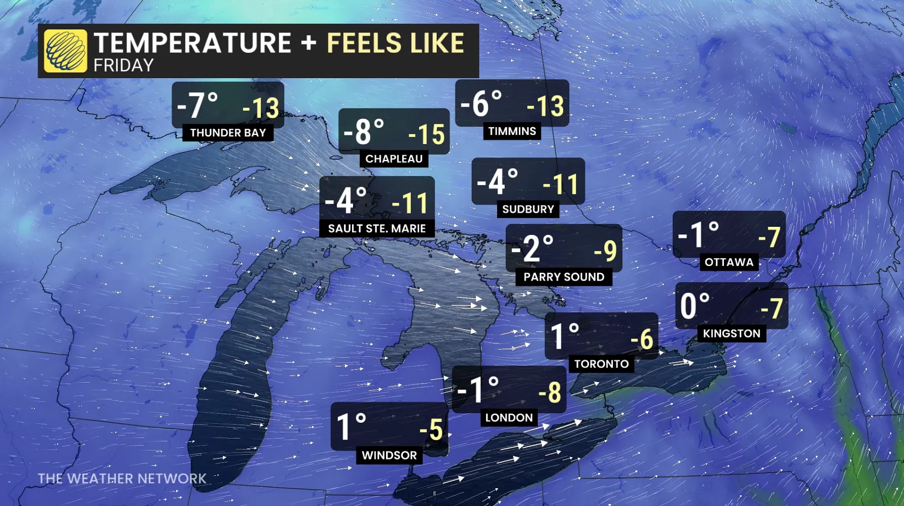 Ontario temperatures and icons Friday