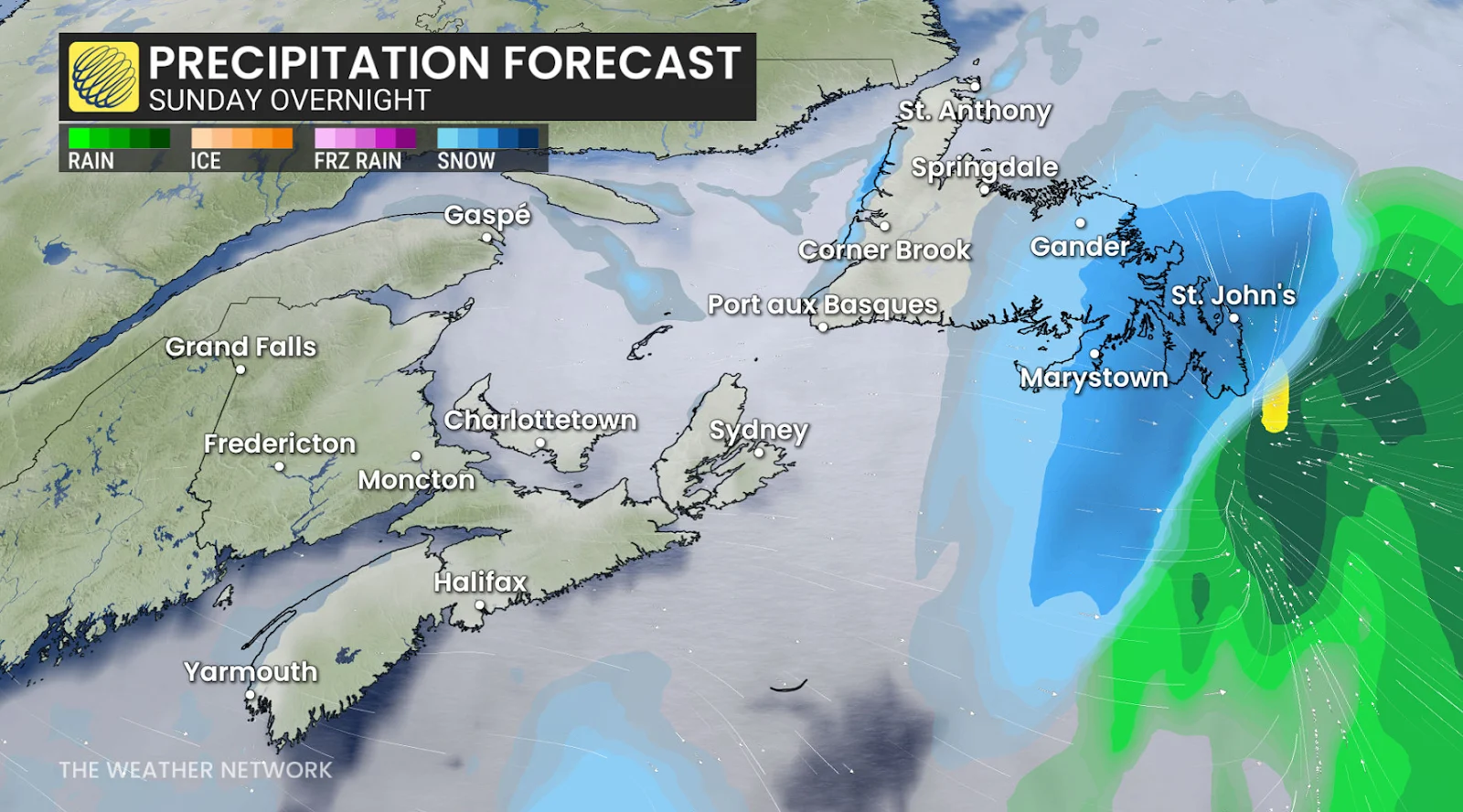 Newfoundland precipitation Sunday overnight