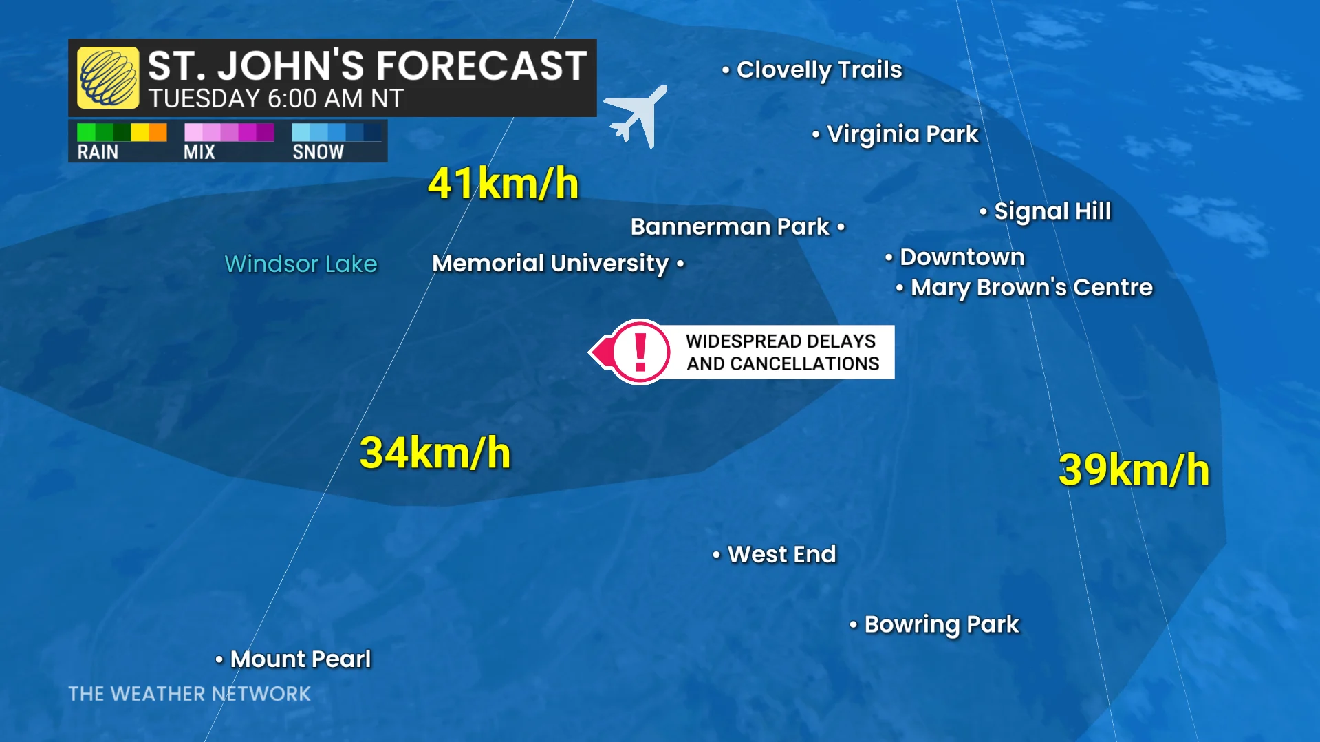 St. John's precipitation and winds Tuesday morning