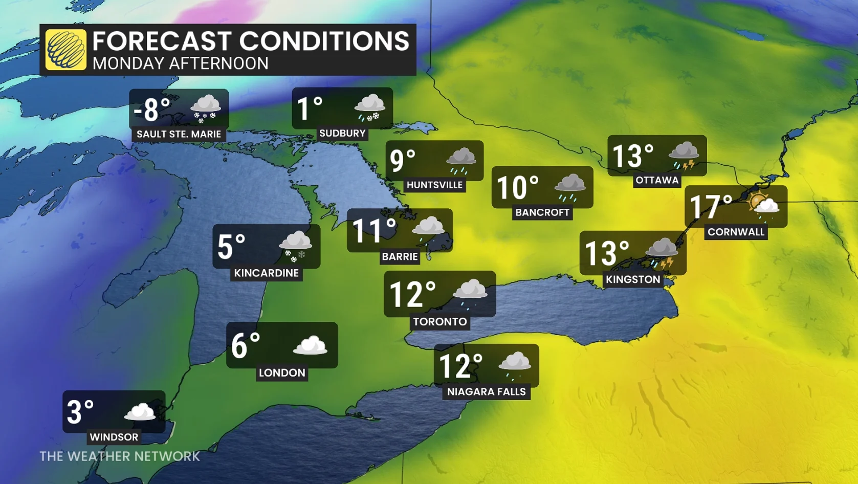 Ontario Monday temperatures and icons
