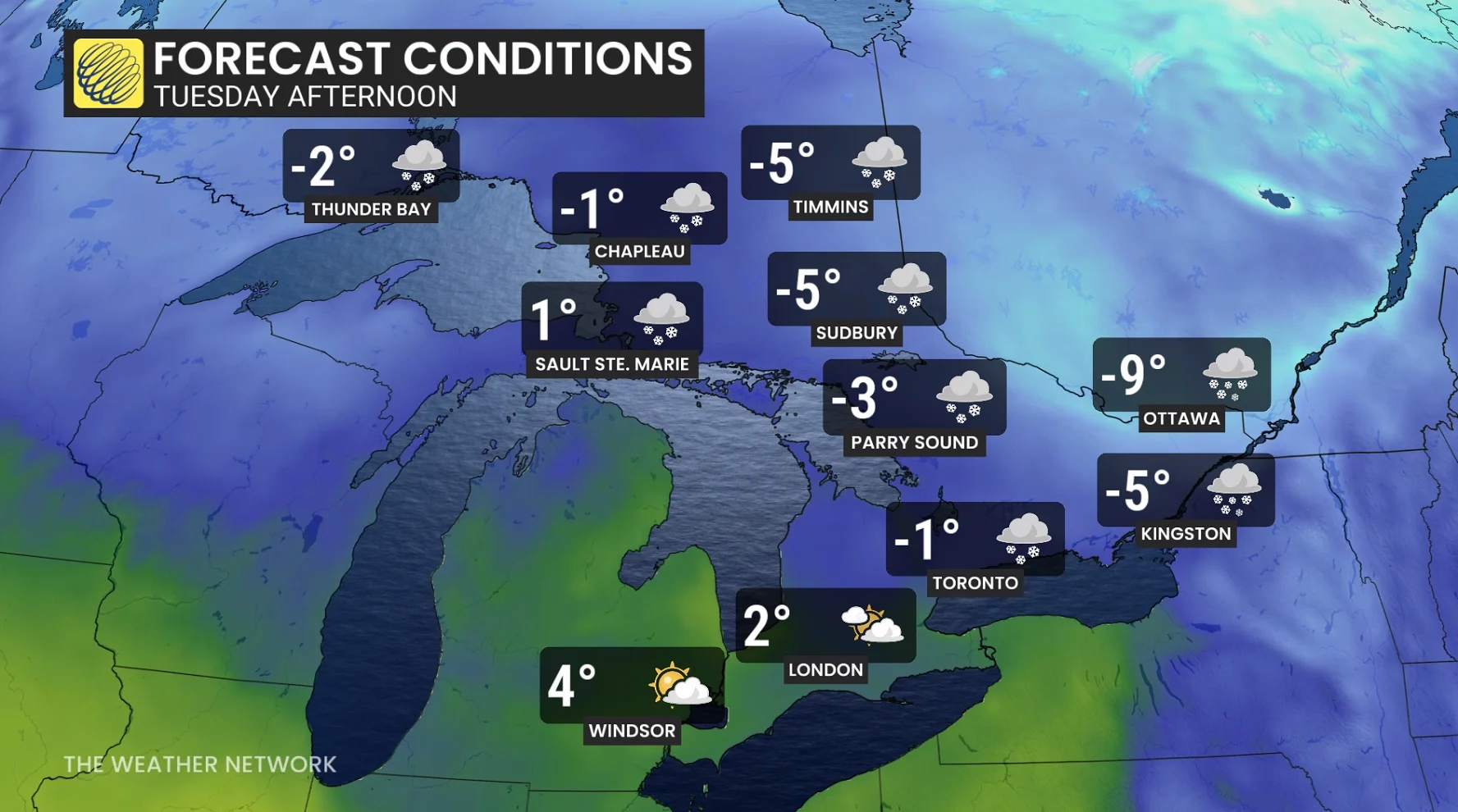 Ontario temperatures and forecast conditions Tuesday