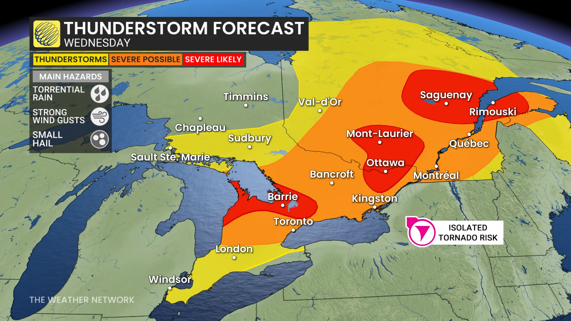 Ontario and Quebec updated Wednesday storm risk - July 1, 2026