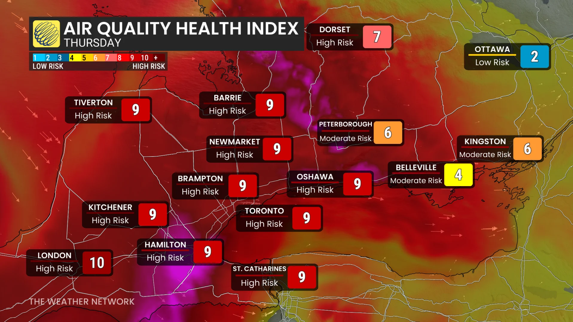 Southern Ontario air quality health index Thursday