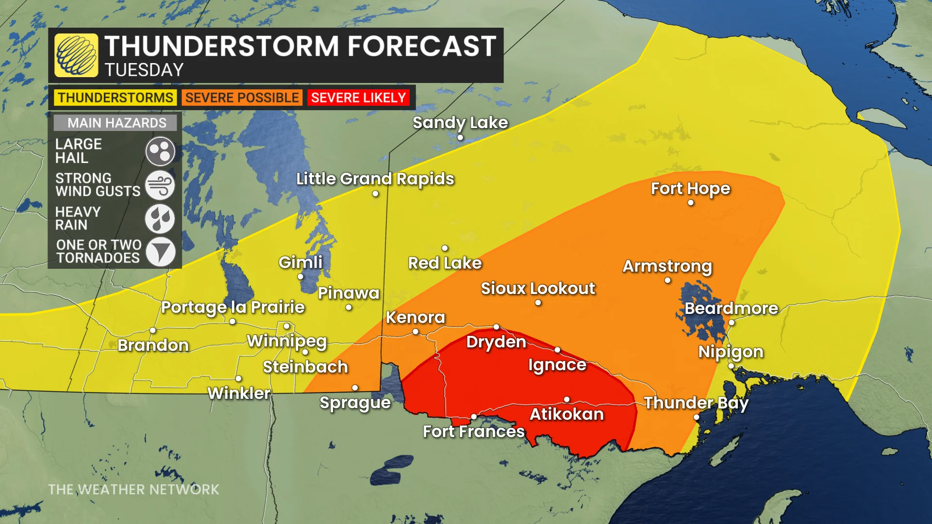 Northwestern Ontario storm risk map Tuesday
