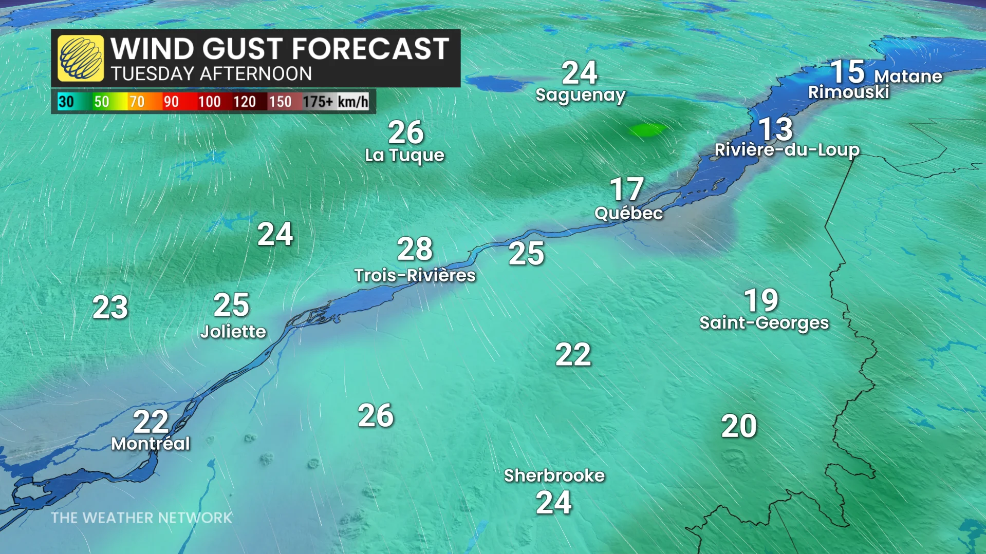 Quebec wind gusts Tuesday afternoon