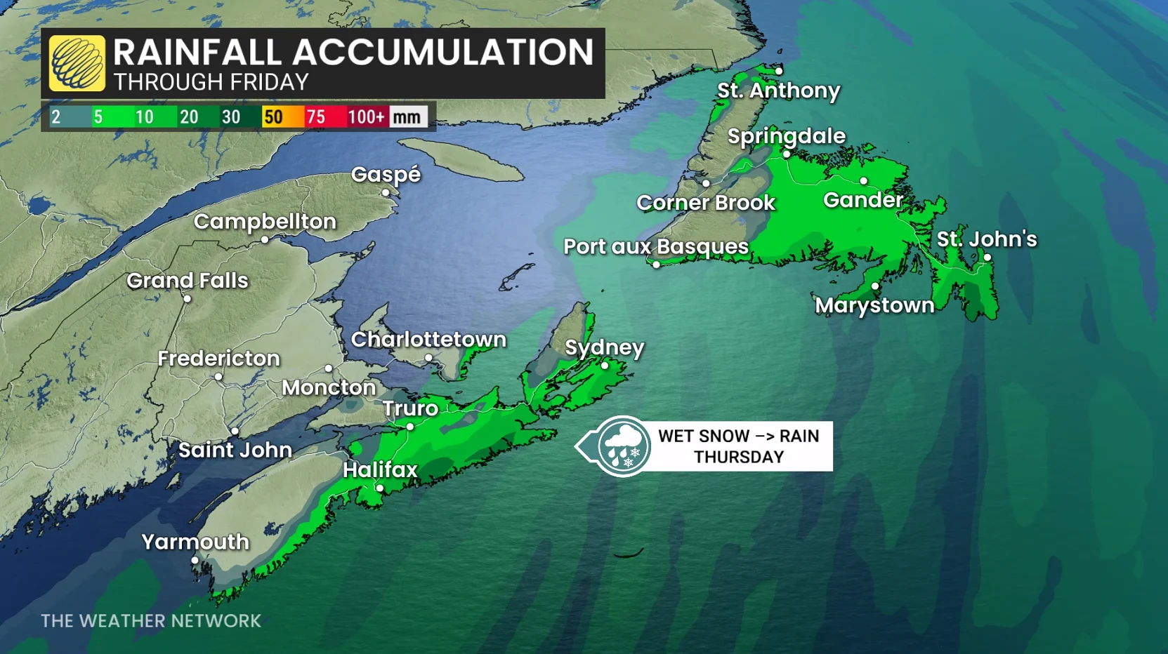 Atlantic Canada rainfall through Friday