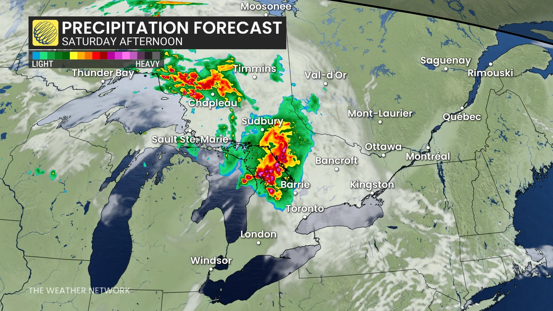 Ontario precipitation timing Saturday afternoon
