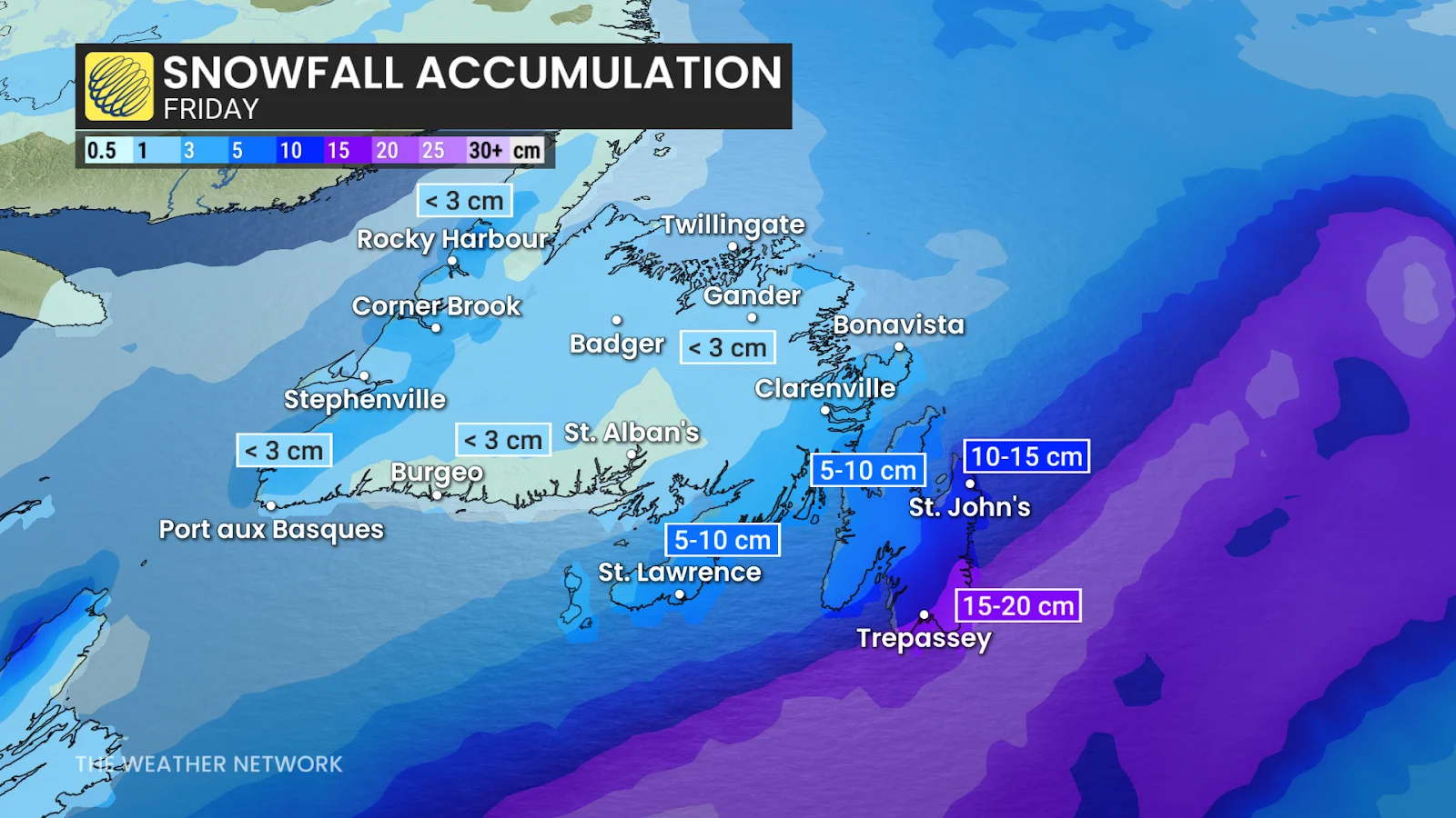 Newfoundland forecast snowfall accumulation on Friday - Feb. 19, 2025