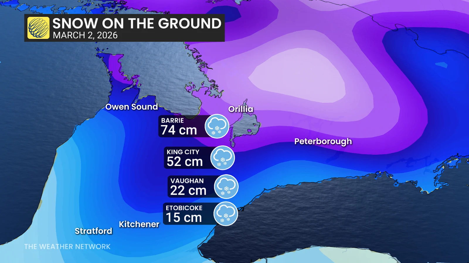 Southern Ontario snow cover as of March 2, 2026