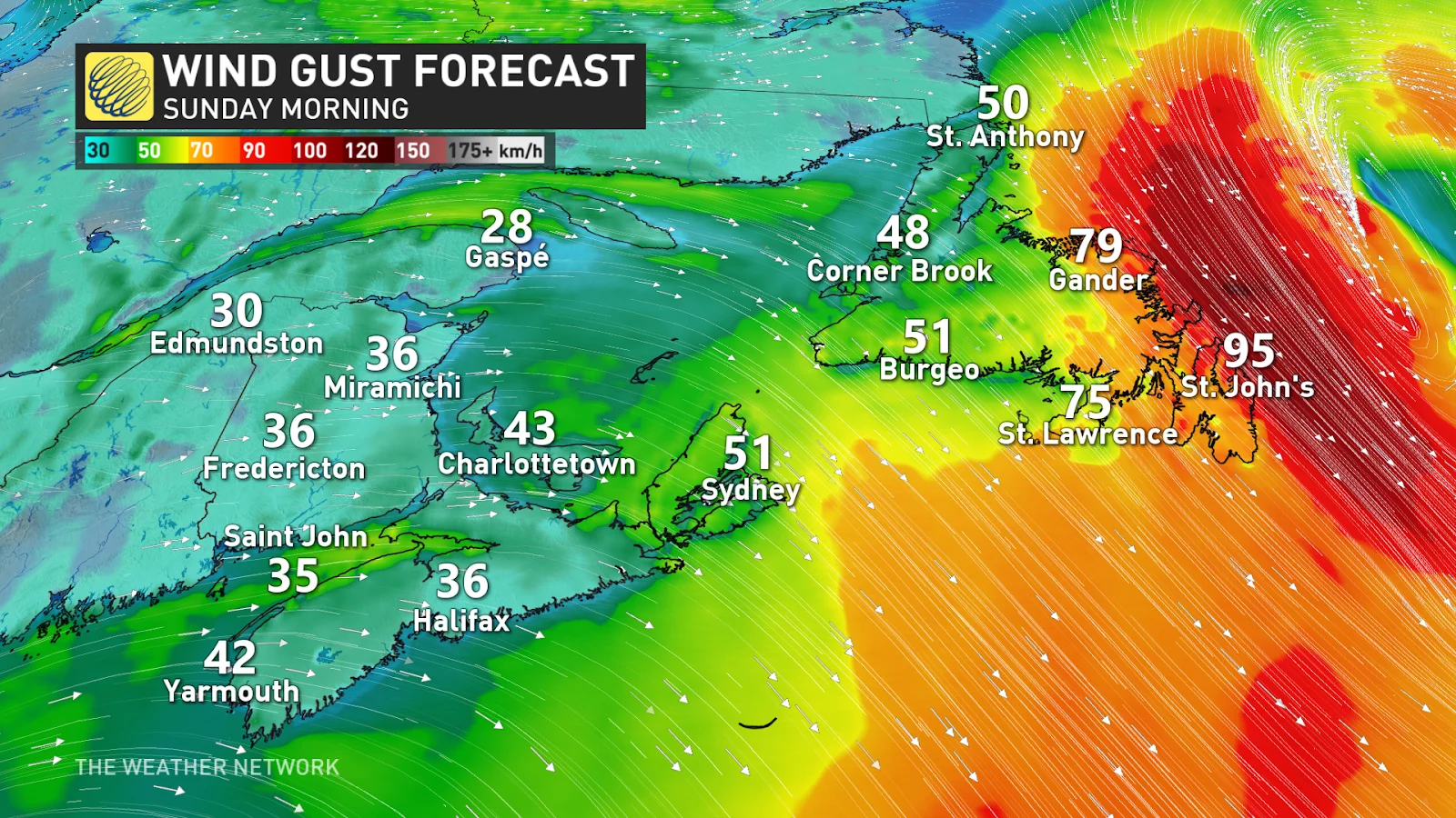 Atlantic Canada wind gusts Sunday morning