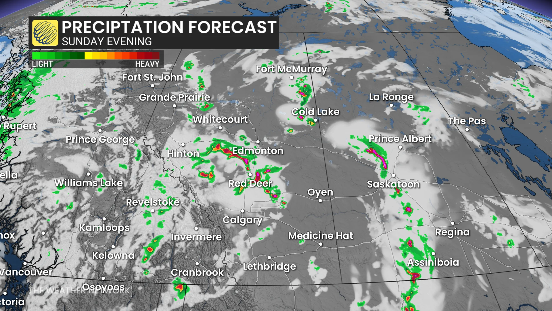 Prairies precipitation timing Sunday evening