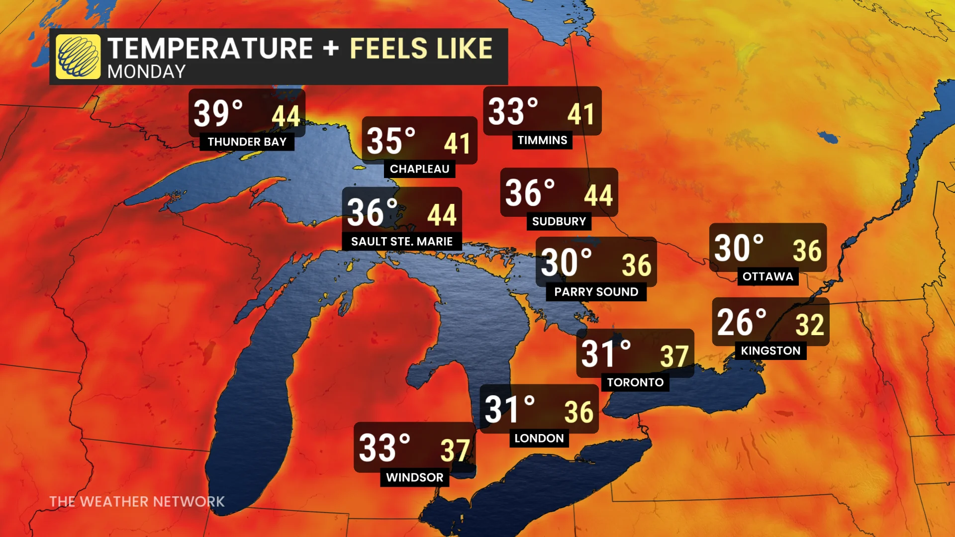 Ontario Monday temperatures and feels-like values