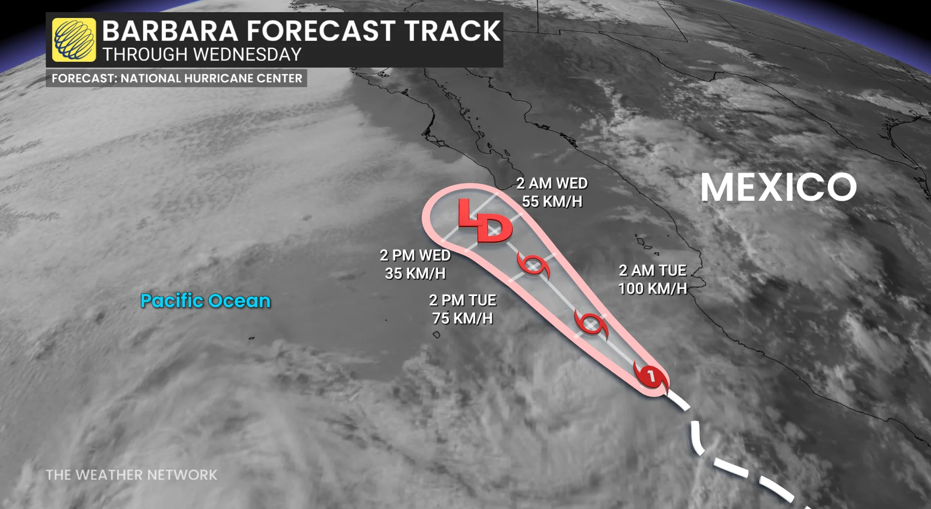 Hurricane Barbara forecast track through Wednesday