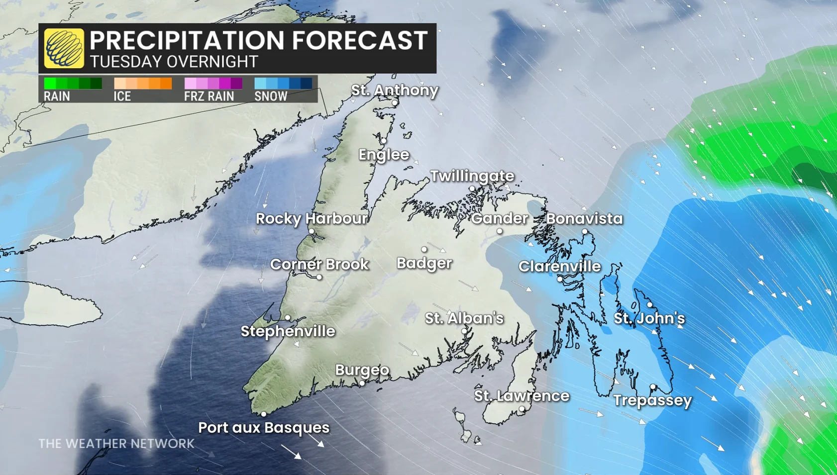 Newfoundland precipitation timing forecast Tuesday night
