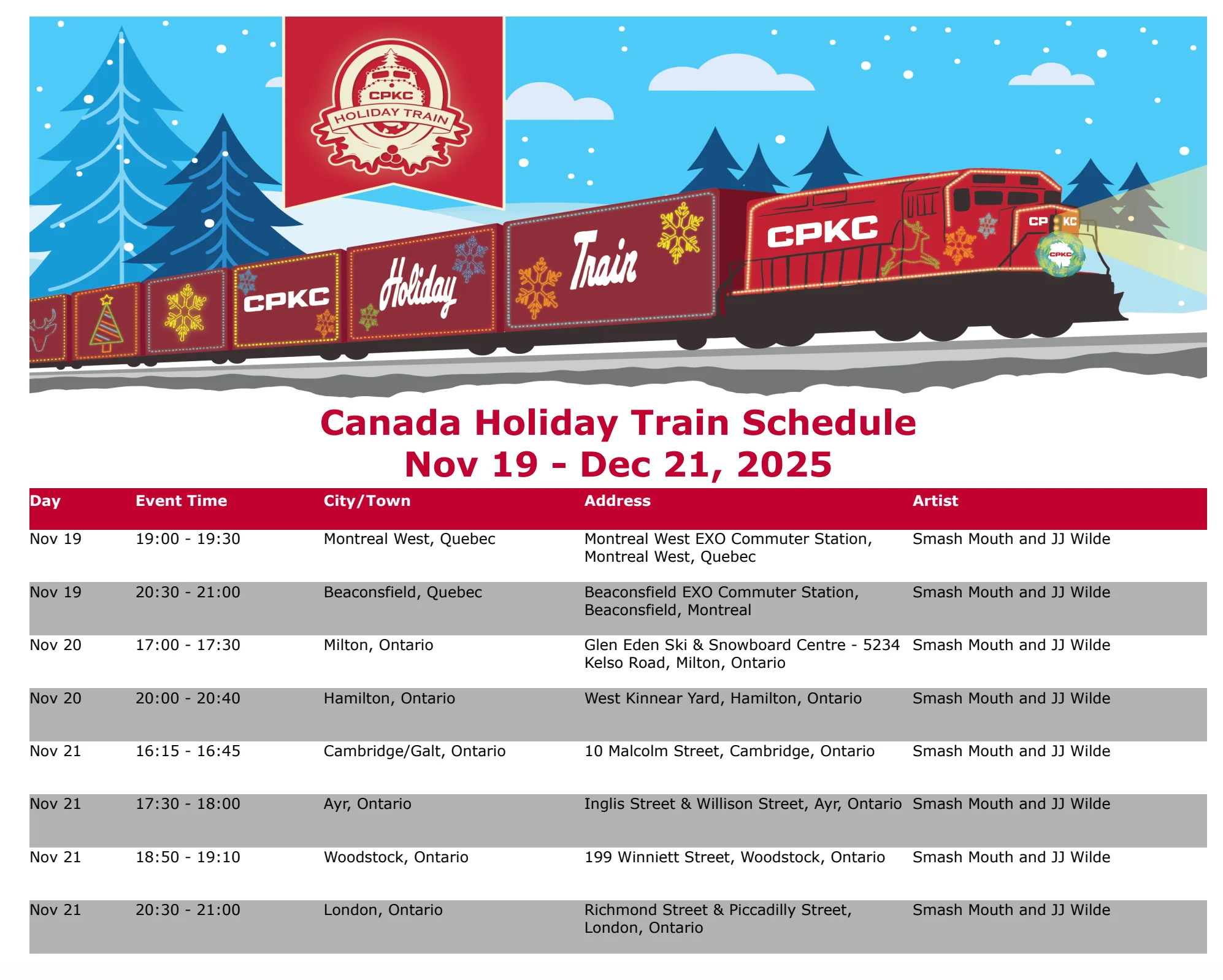 Holiday Train Schedule 2025
