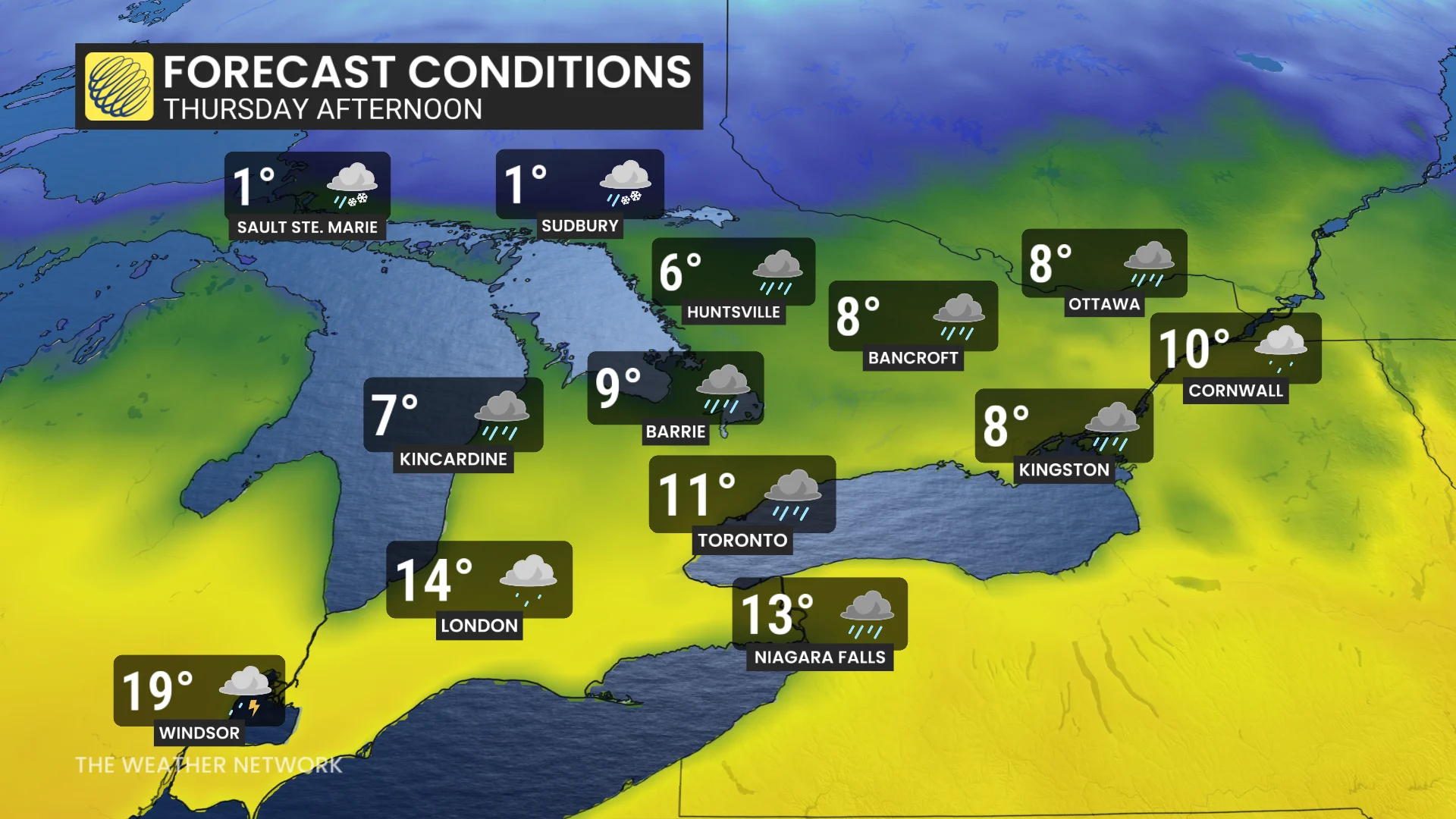 Baron - Ontario Thursday afternoon temperatures - Mar 25