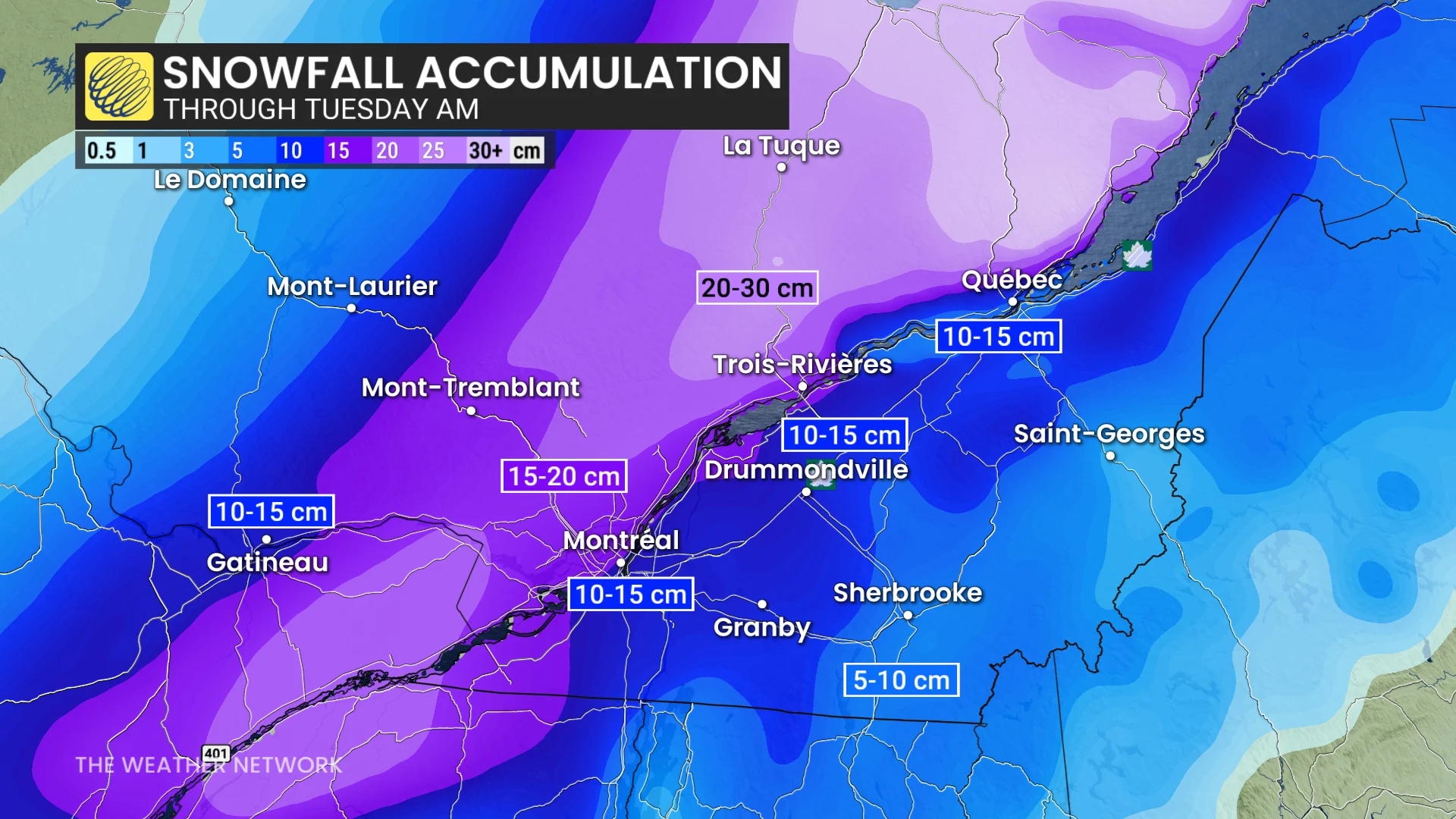 Southern Quebec snowfall through Tuesday morning