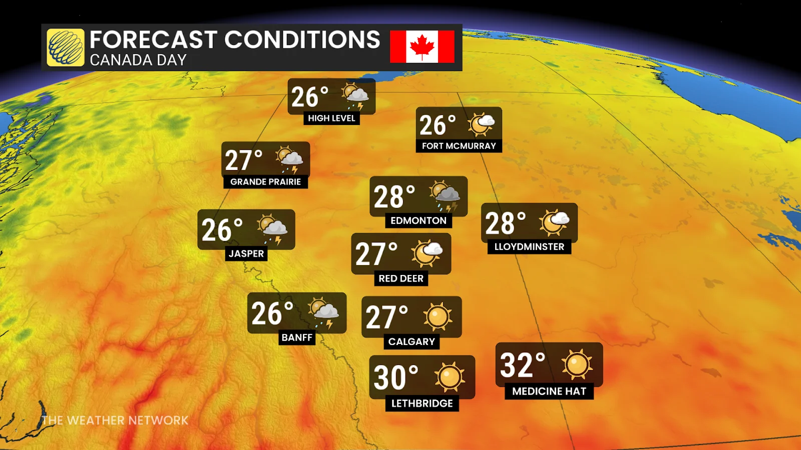 Canada Day, Alberta, Forecast, Hot, Rainy, Thunder, June 30, 2025. (The Weather Network/Tyler Hamilton)