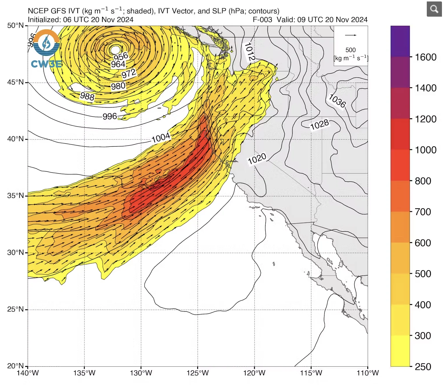 Center for Western Weather and Water Extremes/Conversation: A forecast for the storm’s vertically integrated vapor transport shows the direction and magnitude of the water flow, measured in kilograms per meter per second. Center for Western Weather and Water Extremes