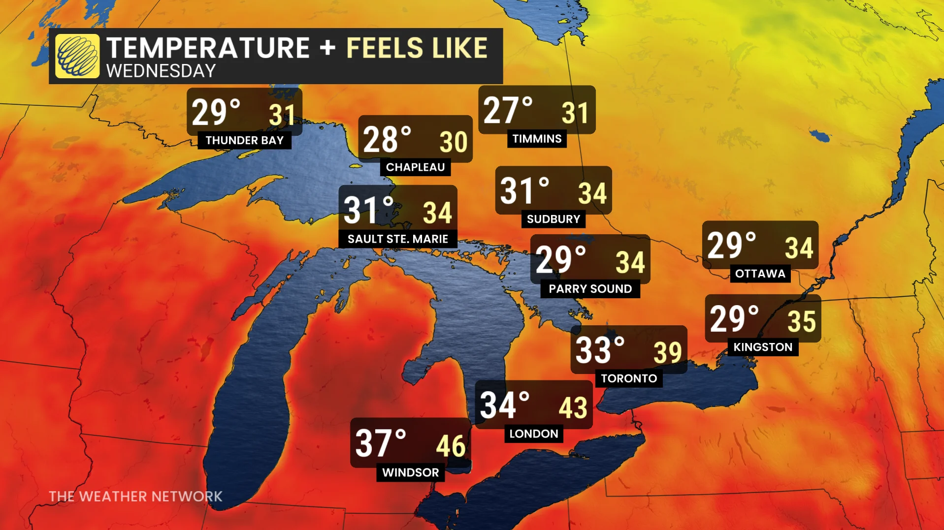 Ontario Wednesday temperatures and humidex