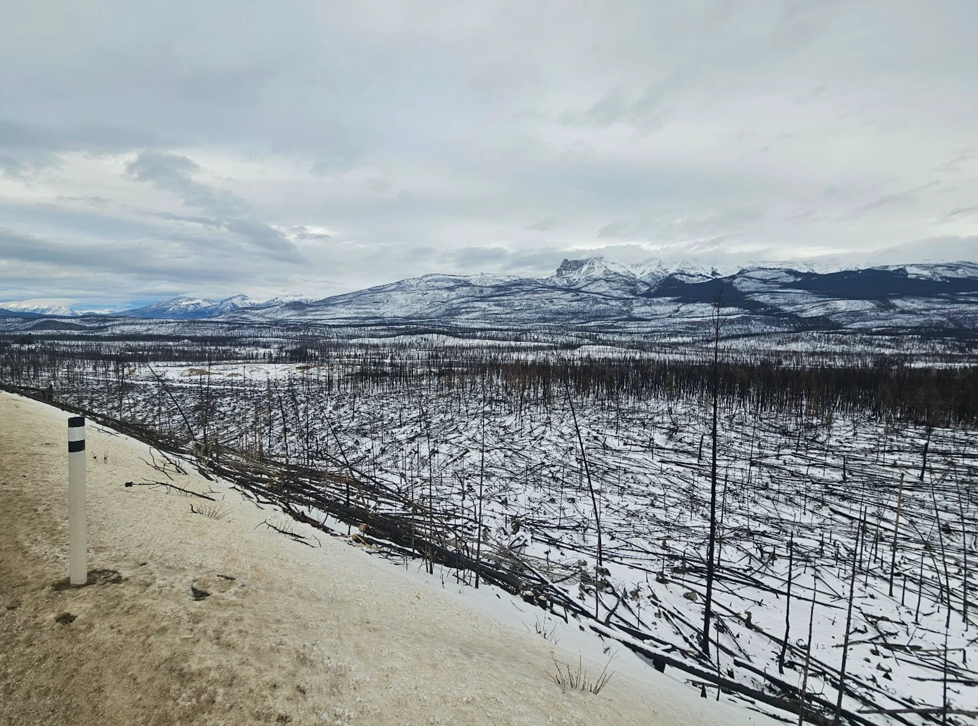 Connor O'Donovan - UGC: Athabasca river valley south of Jasper, Alberta. Shows impacts of wildfire. Shot: December 4, 2024. Winter, snow, snowfall
