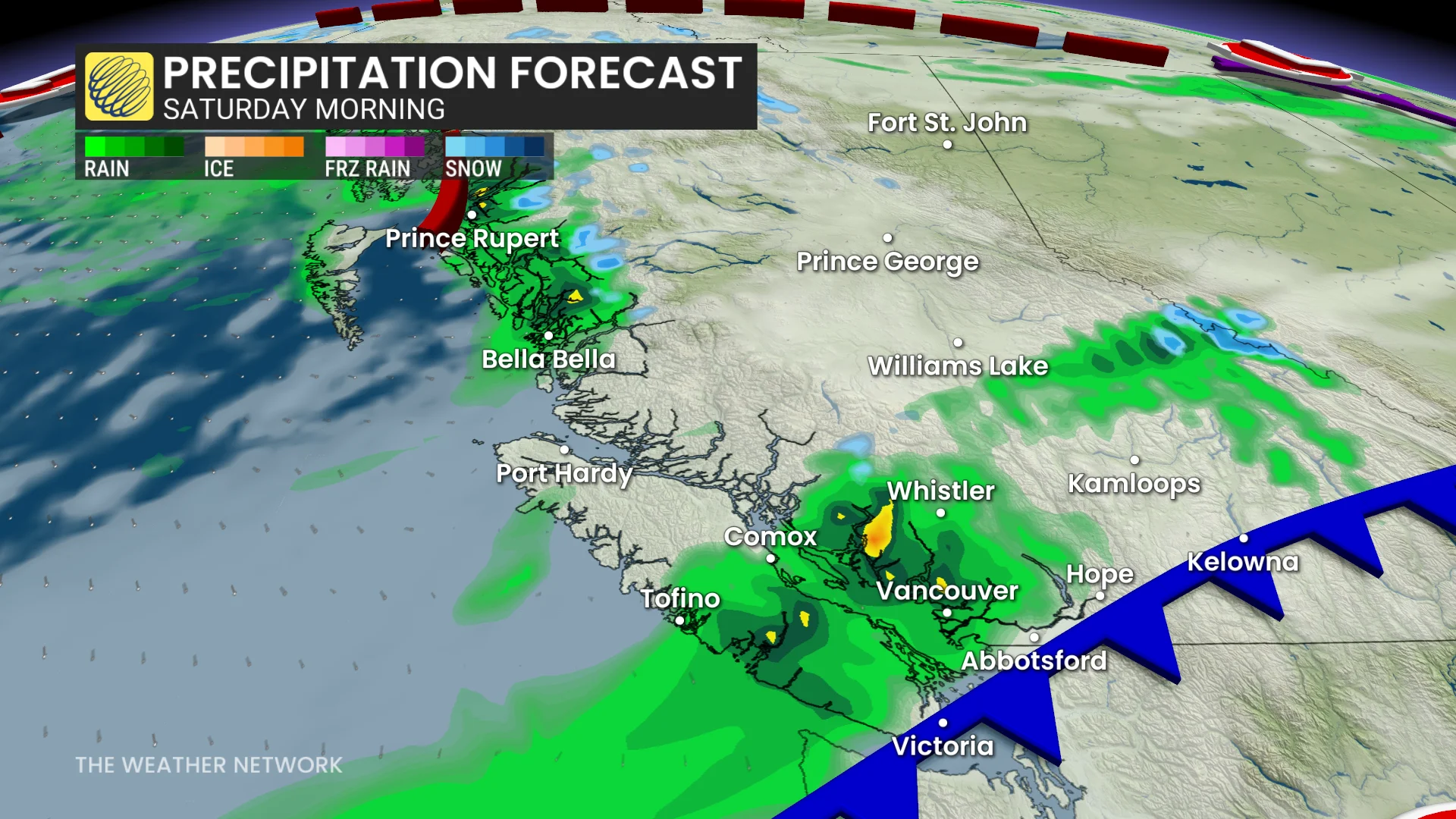 B.C. precipitation timing Saturday morning