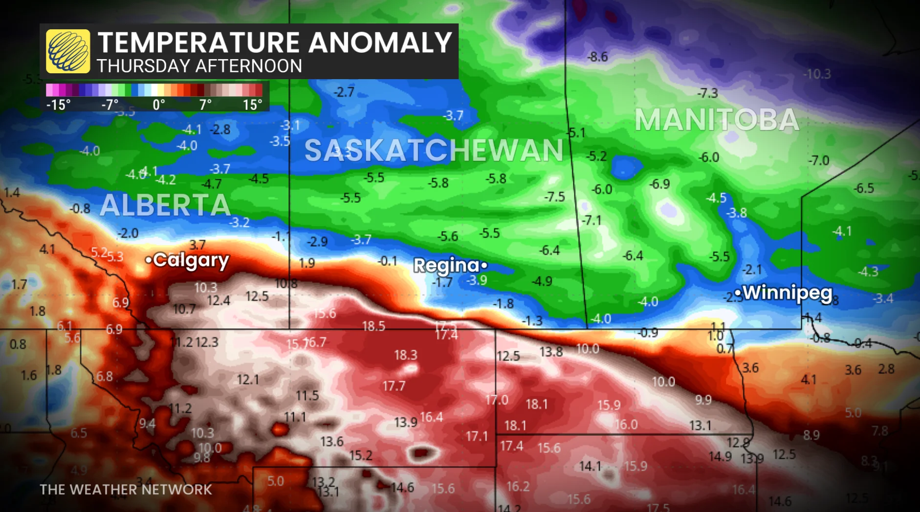 Prairies temperature anomaly Thursday afternoon
