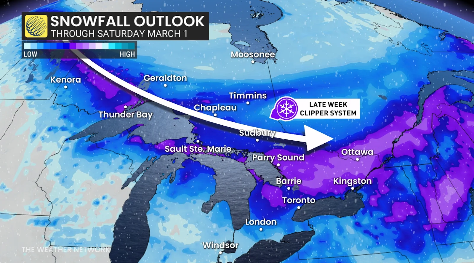 Ontario widespread snowfall outlook through Saturday - Feb. 26, 2025