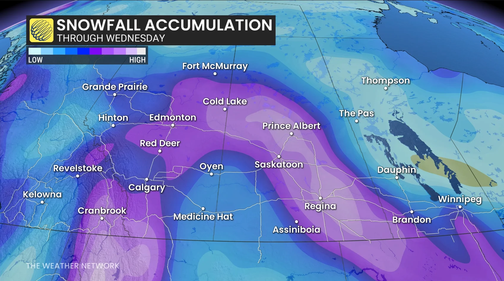 Prairies snowfall outlook through Wednesday