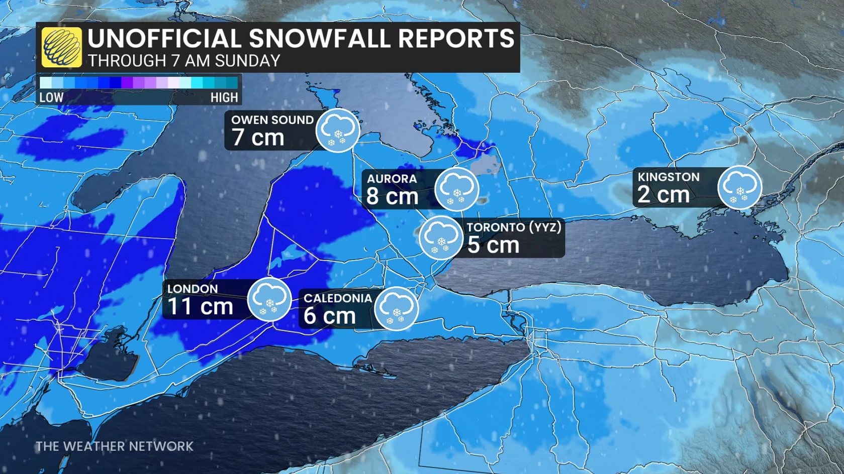 Unofficial snowfall reports from Saturday to Sunday in Ontario