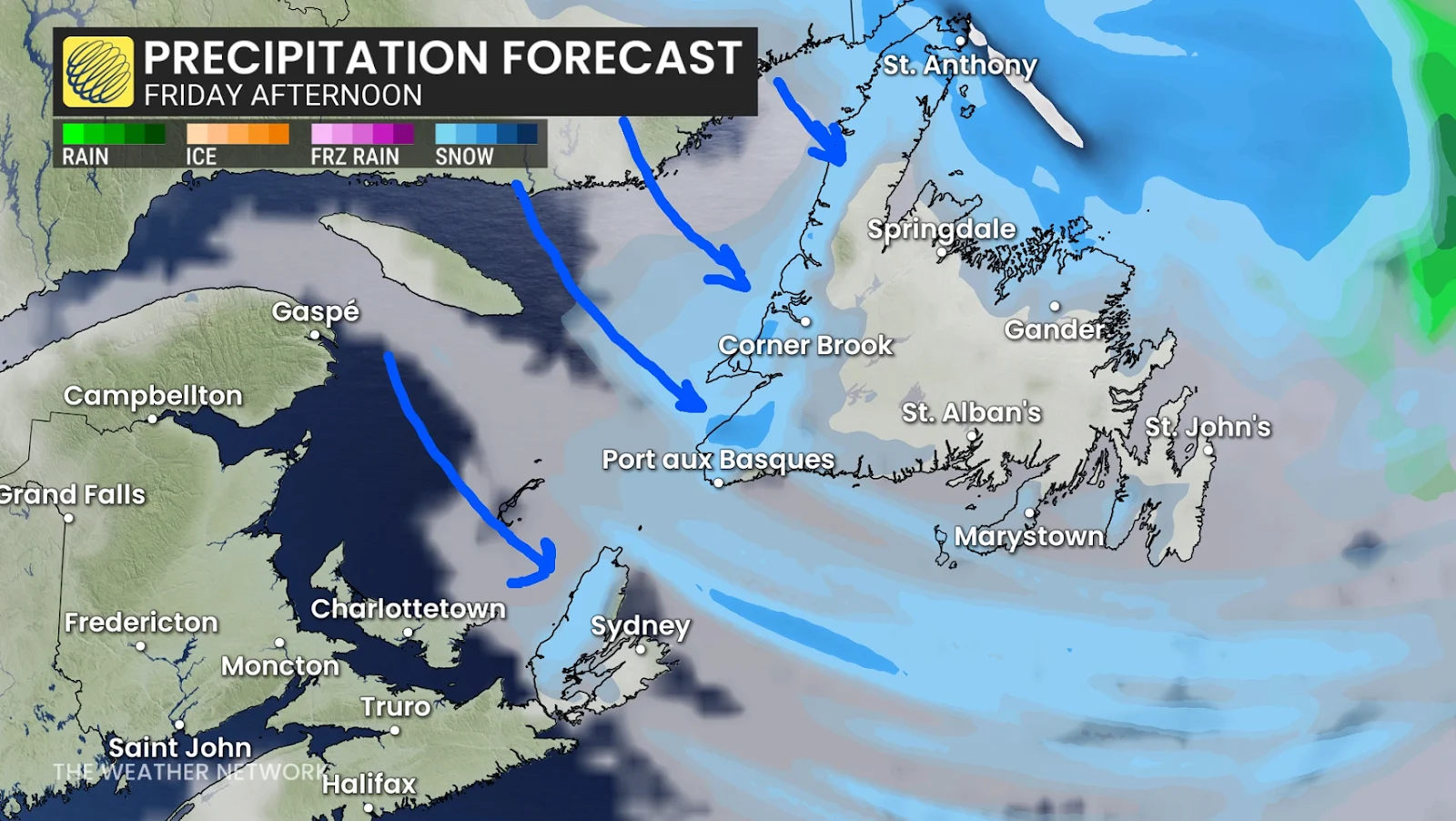 Atlantic Canada precipitation Friday afternoon