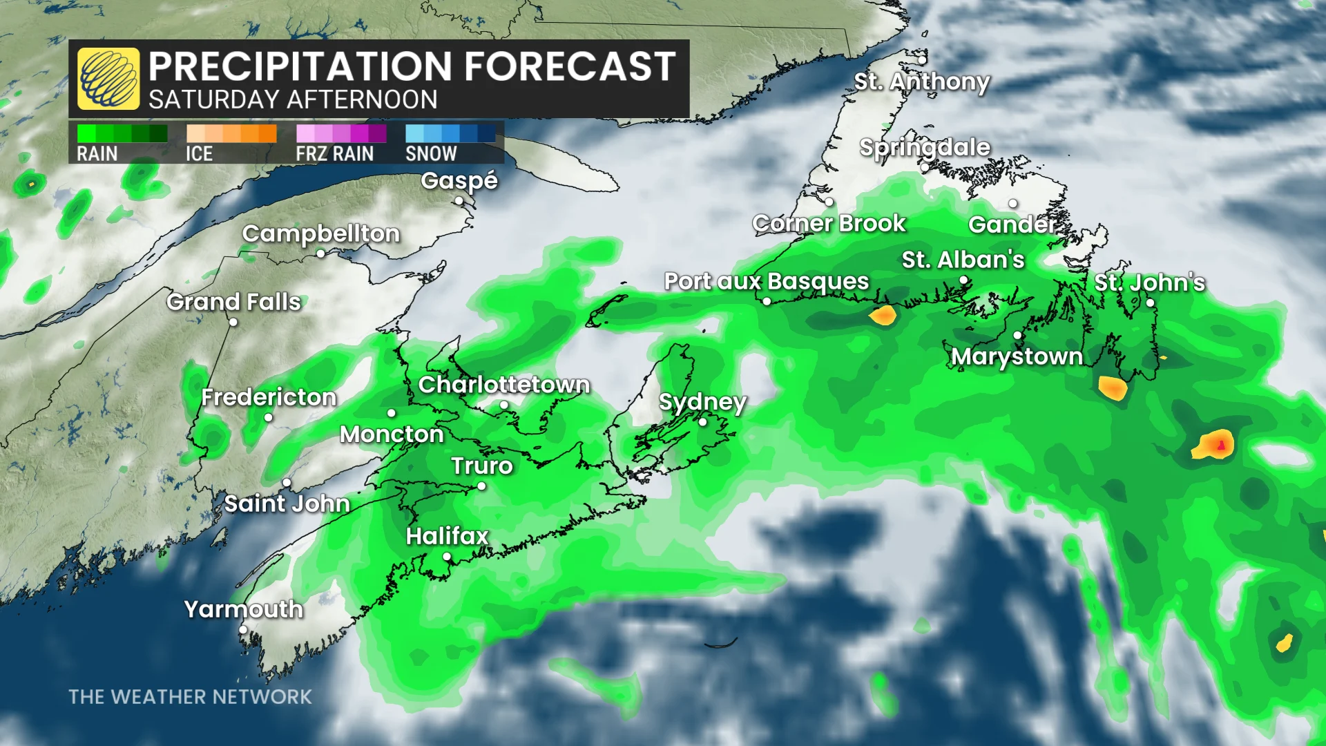 Atlantic Canada precipitation forecast Saturday afternoon