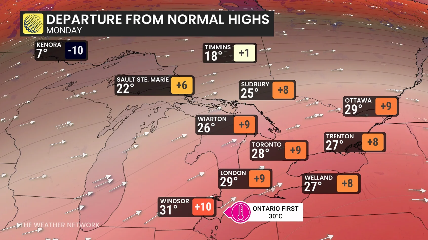 Ontario departure from normal highs Monday