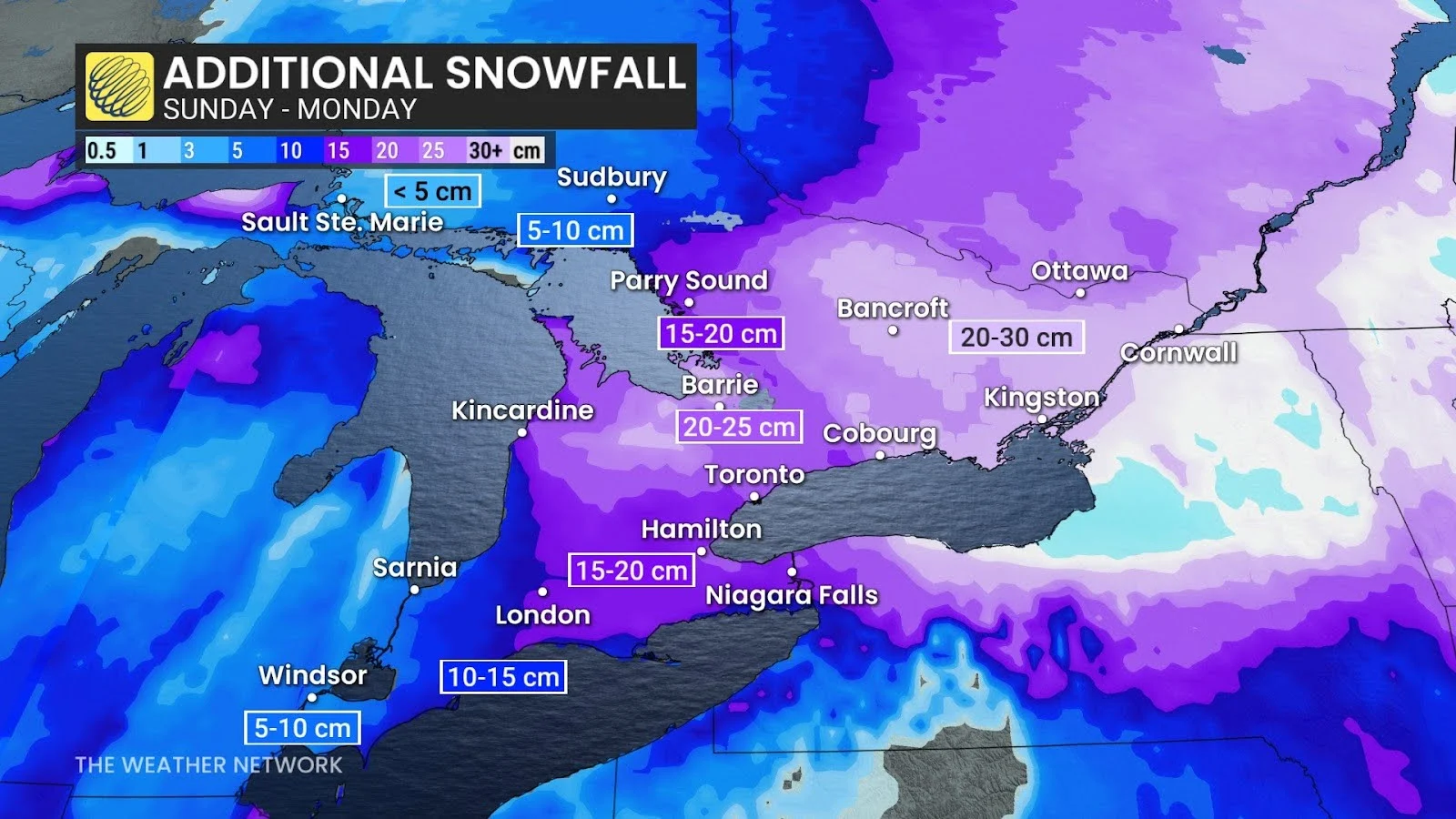 Ontario snowfall accumulation through Monday - Feb. 16, 2025
