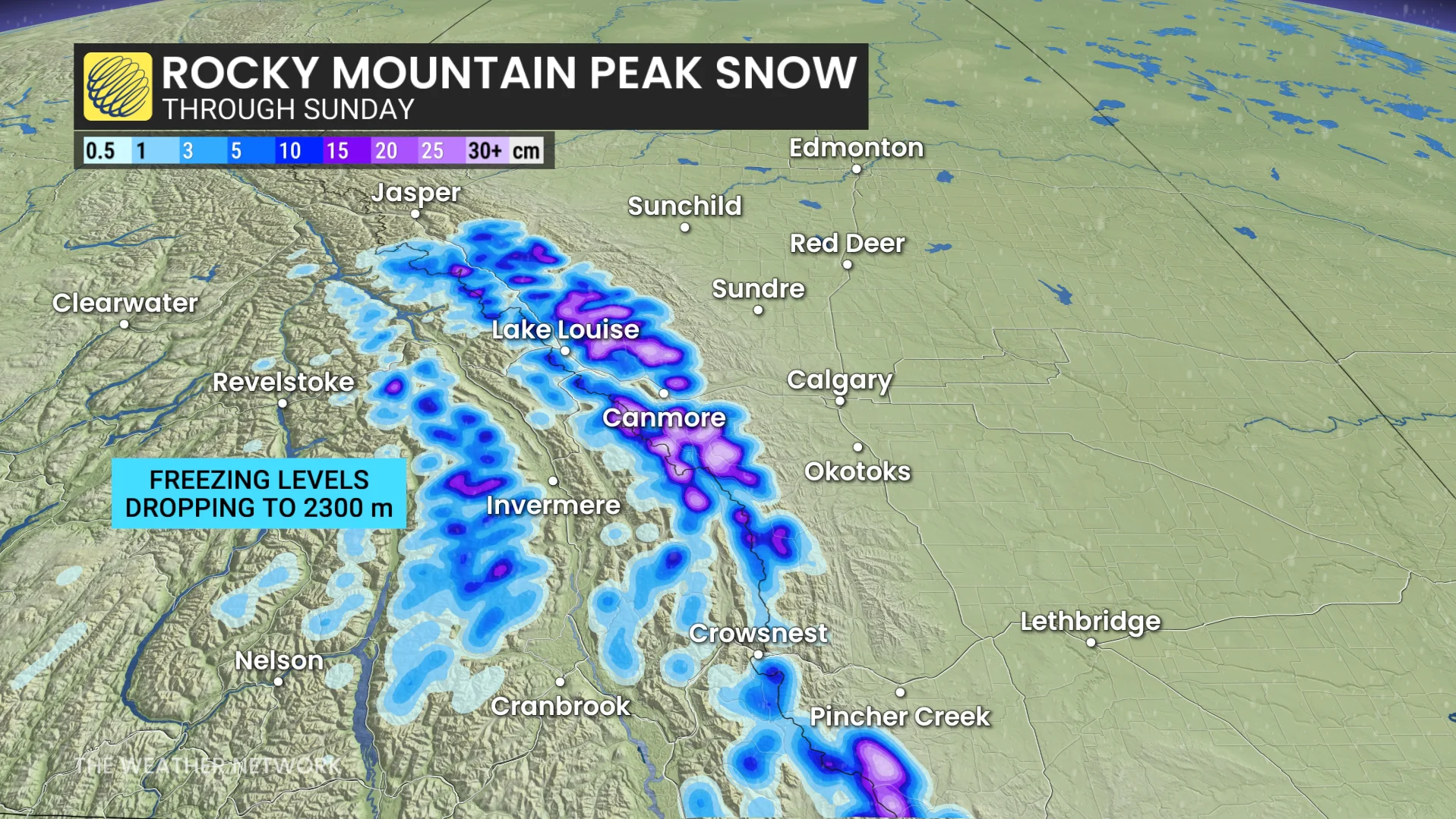 Rocky Mountain peak snow through Sunday
