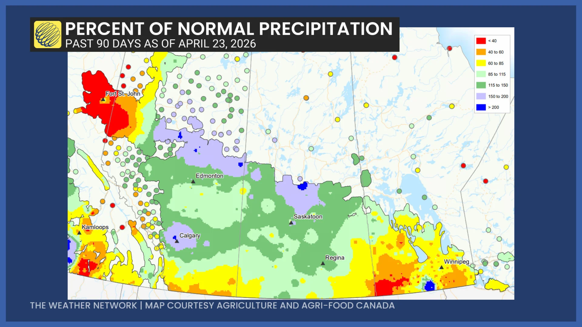 Prairies Percent of Normal Precipitation April 23 2026