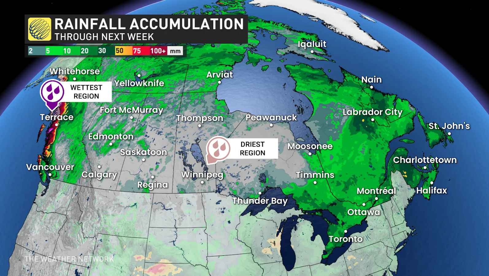 Rainfall, Accumulation, Prairies, Map, Cold, Hot, May, Spring, May 24, 2025. (The Weather Network)