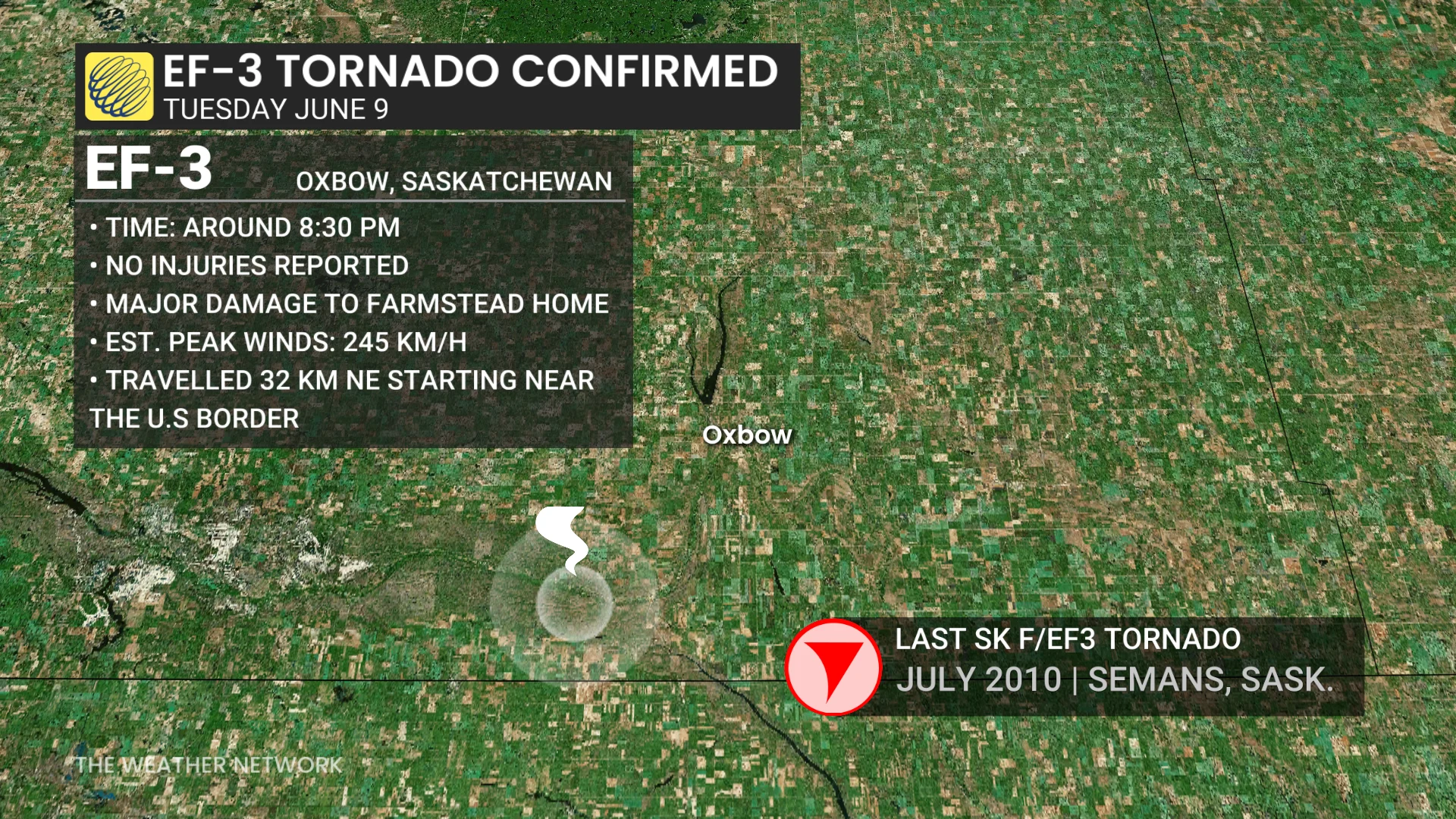 EF-3 tornado near Oxbow, Sask., June 9, 2026