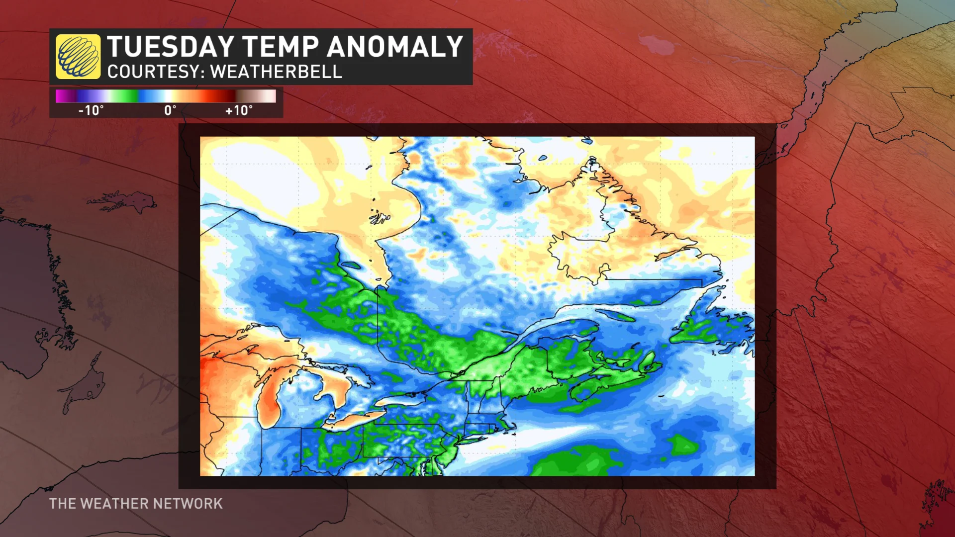 Tuesday temperature anomaly Quebec