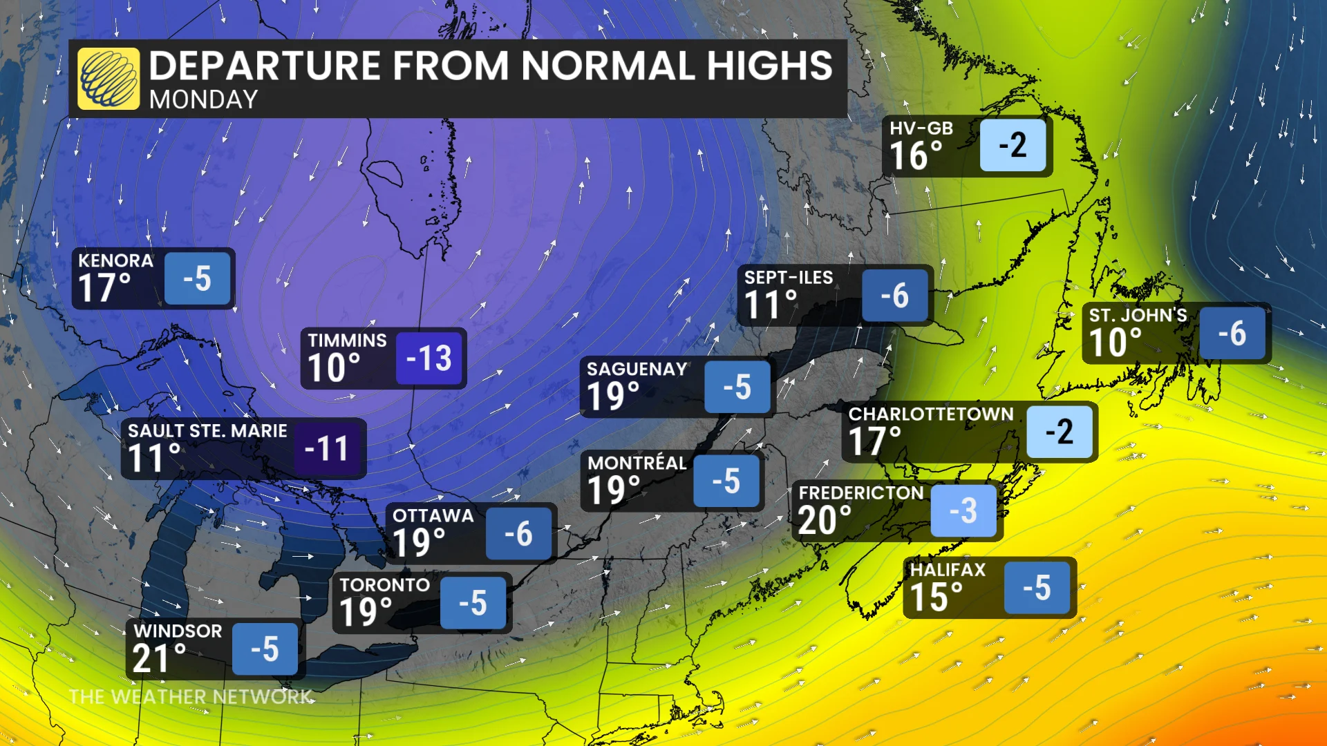 Ontario and Quebec Monday forecast daytime temperatures - June 11, 2026